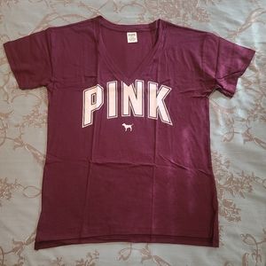 Victoria's Secret PINK V Neck Burgundy Short  Sleeve T-shirt Women Size Medium